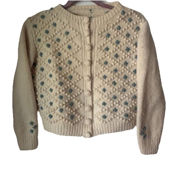 Vintage 40s 50s Wool Popcorn Knit Cardigan Sweater Cropped S Blue Floral Buttons - Picture 5 of 16